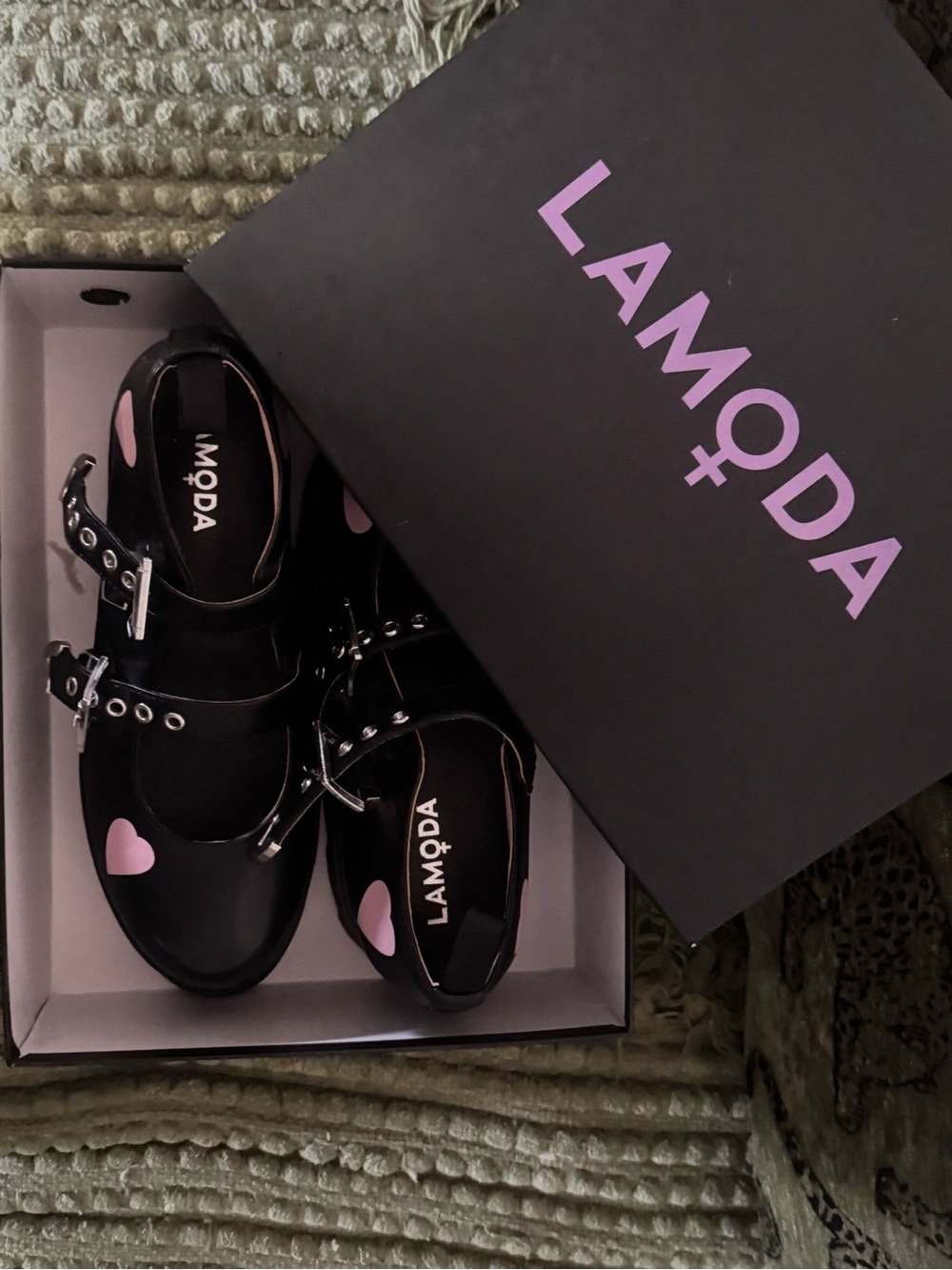 Black Lamoda Platform Mary Janes with Pink Hearts - Size 8